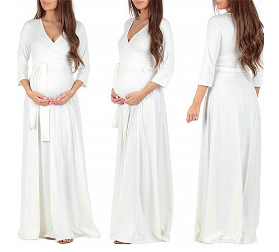 Long Sleeve Maternity Dress With Cross Deep V Neck Belt