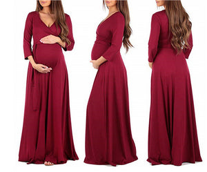Long Sleeve Maternity Dress With Cross Deep V Neck Belt